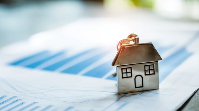 A house-shaped key on a rising financial chart highlights real estate investment and property value growth. This modern image captures the essence of property market trends.