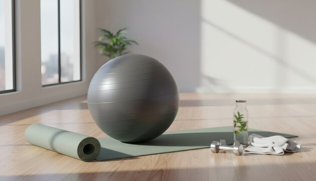 Fitness equipment with a gray swiss ball and yoga mat for a healthy pregnancy workout and weight loss concept in a sunlit home gym