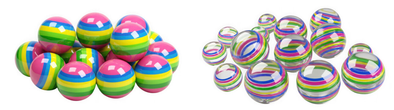 Group of rainbow colored striped bouncing balls and glass marbles isolated on transparent background