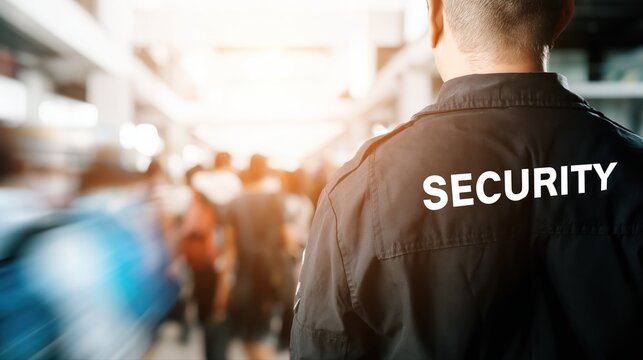 A security guard in uniform monitors a busy terminal crowd, emphasizing surveillance and protection. Strong depth and realistic lighting highlight control and safety.