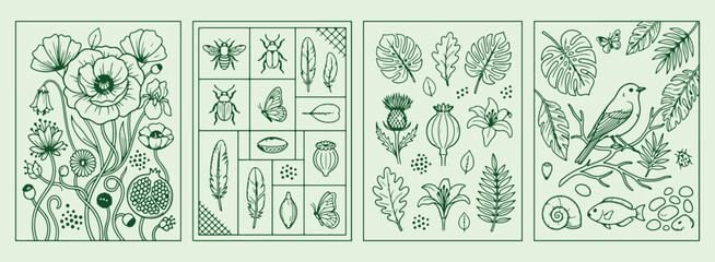 Garden insect life, wild thistle plants, nature botanical study, organic field motifs, creative line art illustration, minimal vector graphic, clean design garden, insect, life, wild, thistle, plants, © Geetaroy