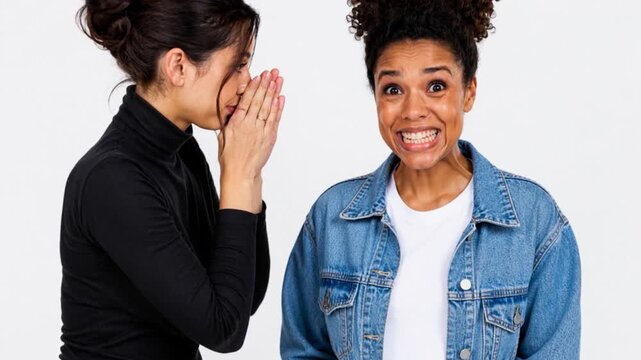 Two young attractive happy girlfriends women eavesdrops whispers a secret in the studio on a white background.
