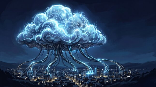 A stylized illustration showing a centralized glowing digital cloud distributing data and power to an urban city landscape at night, symbolizing network connectivity and cloud storage.