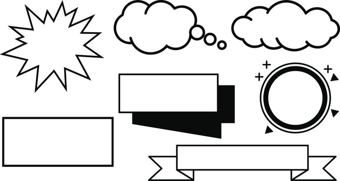 Comic book empty speech bubbles outline set with explosive burst thought clouds rectangles badges and banner ribbons for retro pop art text graphic vector design assets