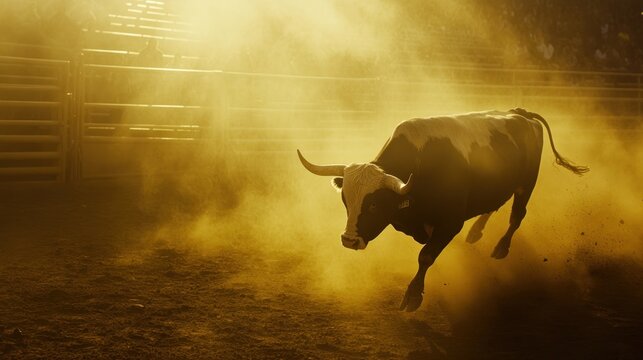 A charging bull amid dust and sunlight in an arena, with a crowd barely visible