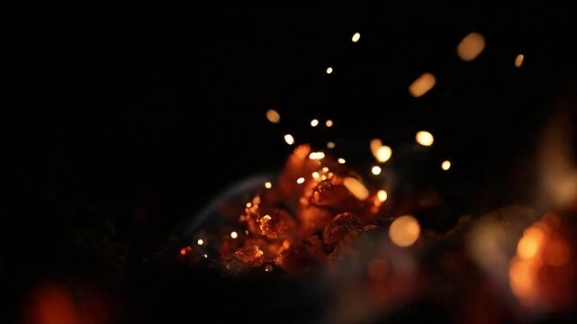 Close-up view of glowing embers and bright sparks from a fire, creating a warm and energetic visual effect