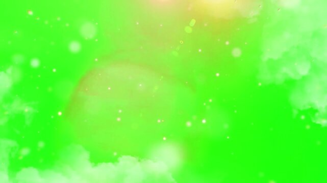 Soft white clouds and bright yellow sunlight diffuse across a bright green screen background, creating a serene and airy atmosphere for visual effects.