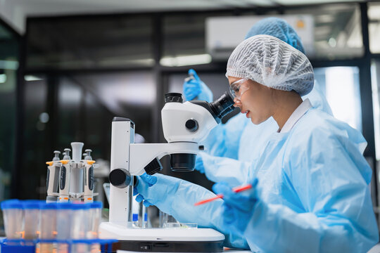 Asian female scientist team in cleanroom suit using microscope for medical research in laboratory. Commercial biotech pharmaceutical business and health innovation for sustainable development.