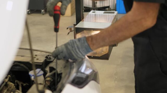 A close-up of a worker checking and adjusting the headlights of a car's lighting system with a screwdriver at a service station. Adjusting the brightness and tilt angles of the front headlights.