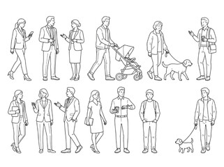 Obraz premium CAD Blocks Diverse Set of People Posing and Walking with Strollers and Pets in Black and White Line Art
