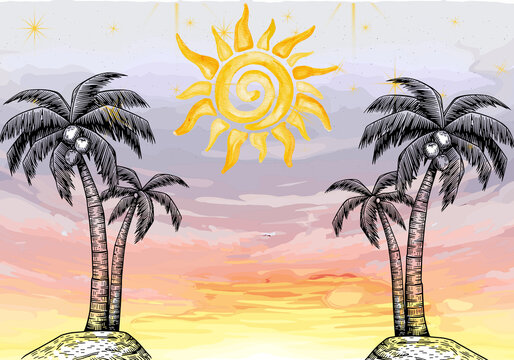 Fondo de atardecer en acuarela con sol retro dorado y siluetas de palmeras en los laterales, plantilla m&iacute;stica de estilo boho para cartel de festival de m&uacute;sica o evento de verano.