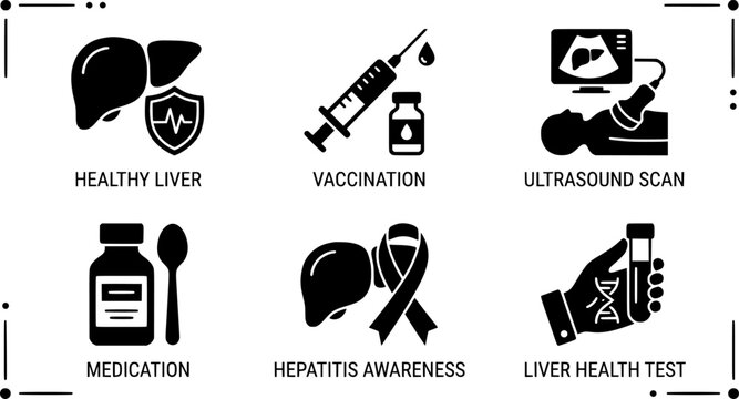 Liver Health and Hepatitis Awareness Icon Set Featuring Vaccination Ultrasound Scan Medication and Test Mockup