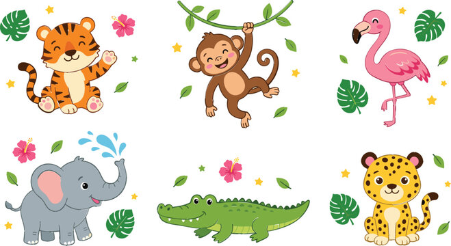 Cute Cartoon Jungle Animal Vector Set Featuring Baby Tiger Monkey Hanging on Vine Flamingo Elephant Crocodile and Cheetah with Hibiscus Flowers