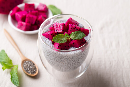 Chia pudding topped with fresh dragon fruit in a glass, Healthy eating