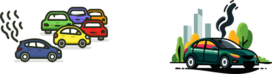 Fototapeta premium A colorful flat 2D tracing vector illustration depicts a blue car smoking on the side of a busy road with other vehicles in the background