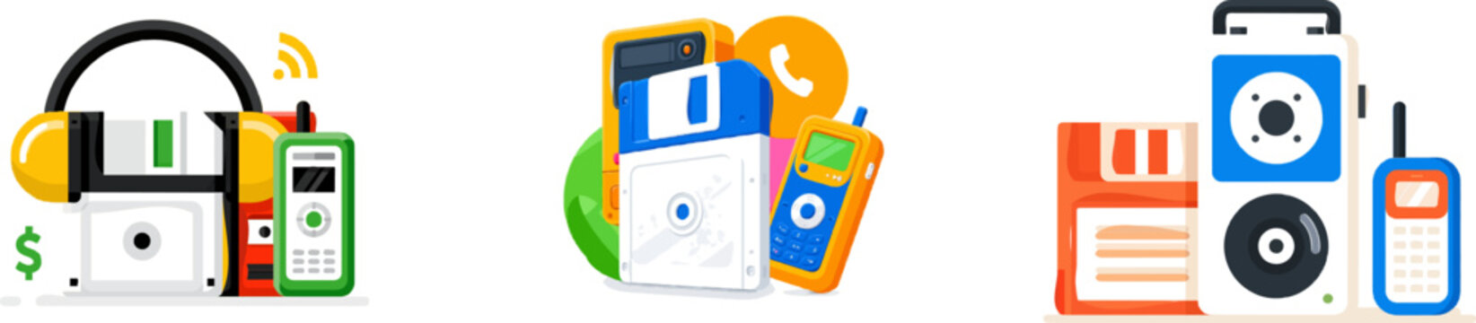 In the 90s retro-futurism scene, a vector illustration showcases a floppy disk, walkman, and pager arranged in a modern geometric layout, symbolizing the convergence of technology from past decades
