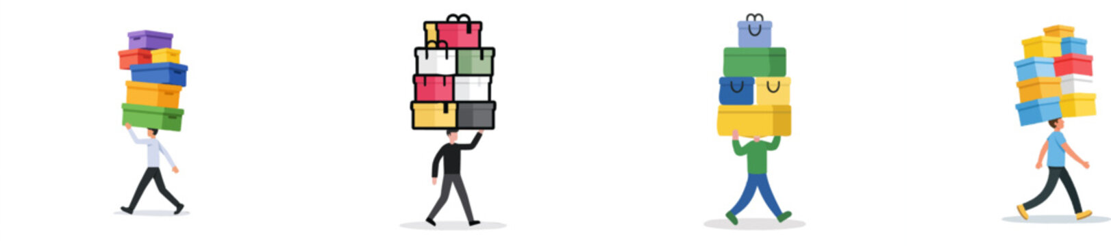 A man in a light blue shirt is carrying an impossible stack of colorful shopping boxes on his head while walking forward