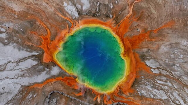 Grand Prismatic Springs Mid Geyser Basin boardwalk hike trail Wyoming Yellowstone National Park aerial drone birdseye view nature landscape cloudy morning colorful hot springs pools upwards circle
