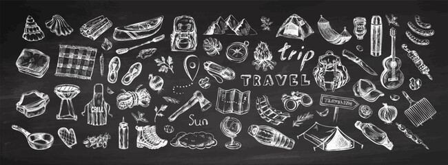 Hand drawn vintage camping, barbecue and travel icons on chalkboard background in retro engraved sketch illustration style © Mariia Mazaeva