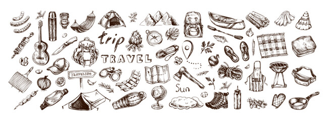 Hand drawn vintage camping, barbecue and travel collection in retro engraved sketch illustration style © Mariia Mazaeva