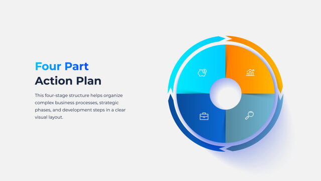 Four Section Circular Cycle Diagram with Arrow Ring for Business Action Plan and Workflow Strategy.