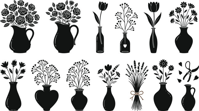 Elegant floral bouquet and vase silhouette icon set featuring blooming roses tulips lavender daisy flowers pitchers bottles and gardening scissors vector design assets