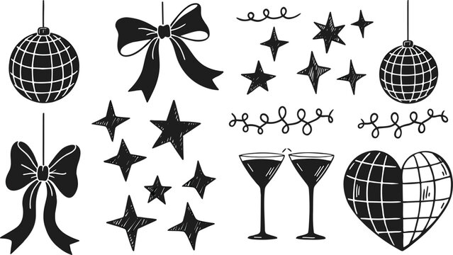Printparty, celebration, holiday, disco, ball, martini, glasses hand drawn sparkle stars and heart shaped mirror ball elementsart, festival, event, icon,