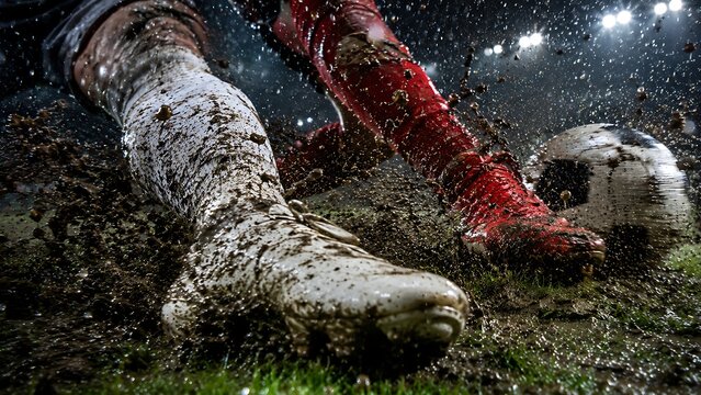 Muddy football boots beside soccer ball after rainy match