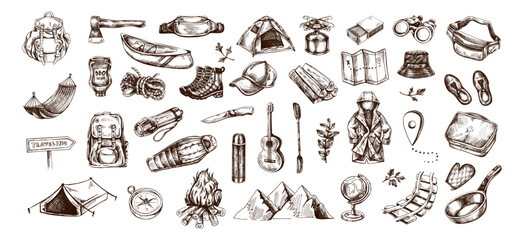 Fototapeta premium Hand drawn vintage camping and hiking equipment collection in engraved sketch illustration style isolated on background