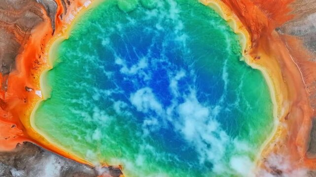 Grand Prismatic Springs vibrant rainbow colors Excelsior Geyser Crater Mid Geyser Basin Wyoming Yellowstone National Park aerial drone birdseye view nature landscape morning colorful vibrant upwards