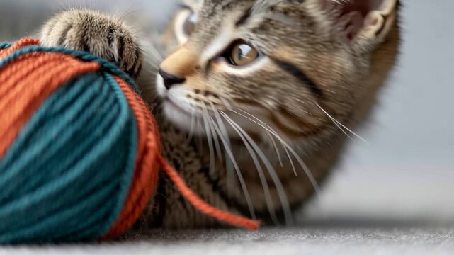 A playful tabby kitten with brown and black stripes lies next to a colorful yarn ball. The kitten has bright eyes and is engaged in play.