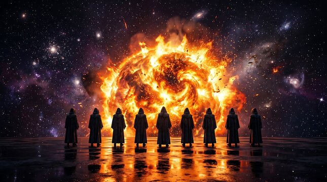 Eight hooded figures standing before a swirling vortex of fire and flames in a starry night sky with galaxies