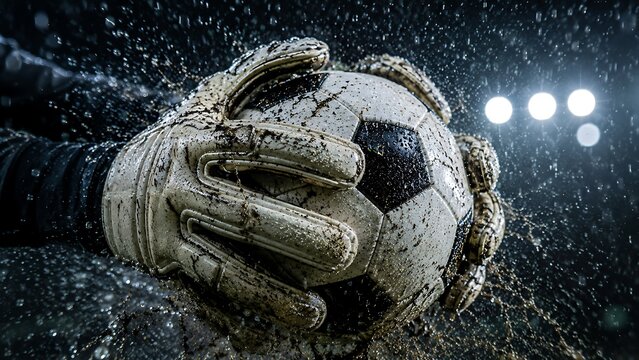 Goalkeeper gloves holding football during rainy training session