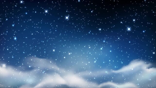 Starry night sky with clouds and twinkling stars in deep blue cosmic atmosphere 4k video