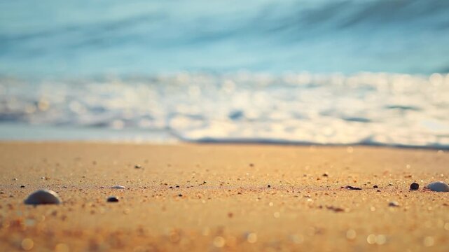 B roll - Tropical sea beach background in Thailand, focus on beachfront golden sand with blurry ocean waves bokeh, sunny daytime copy space for summer holiday travel, vacation, and relaxation spa