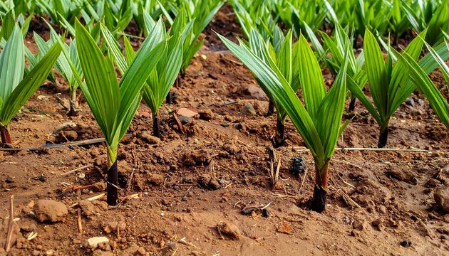 Young palm oil seedlings growing in rows in an agricultural nursery plantation.