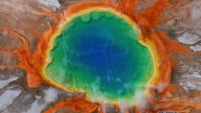 Grand Prismatic Springs vibrant hot springs Mid Geyser Basin Wyoming Yellowstone National Park aerial drone birdseye view nature landscape sunny morning colorful opal blue orange pools upwards motion