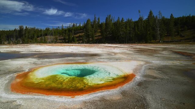 Grand Prismatic Spring Mid Geyser Basin Biscuit Basin Morning Glory Opal Pool Wyoming USA Yellowstone National Park colorful hot springs steam thermal nature landscape blue sky clouds sunny pan left