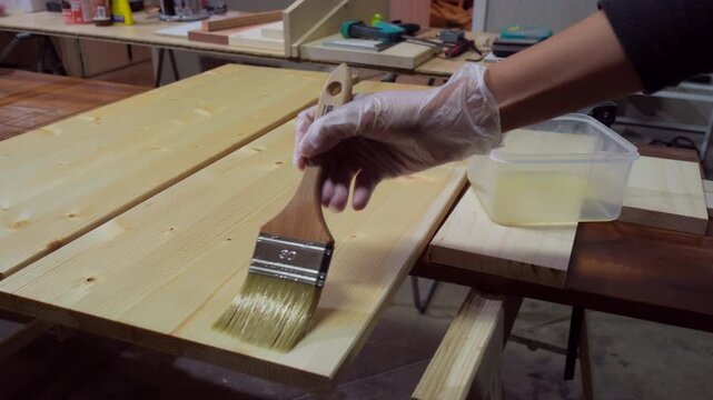 Close up of a woodworker wearing protective gloves painting clear varnish or lacquer onto a pine wooden plank in a workshop.