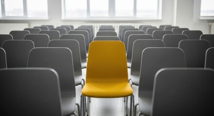 Fototapeta premium A Single Yellow Chair Stands Out Among Rows of Gray Chairs in a Classroom.