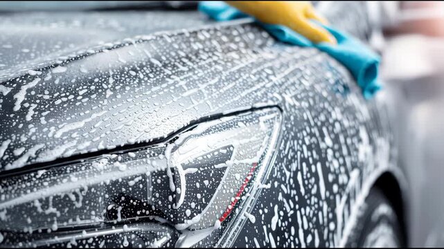 A hand car wash service is busy cleaning a vehicle as water and soap foam cover the cars surface during a sunny day.