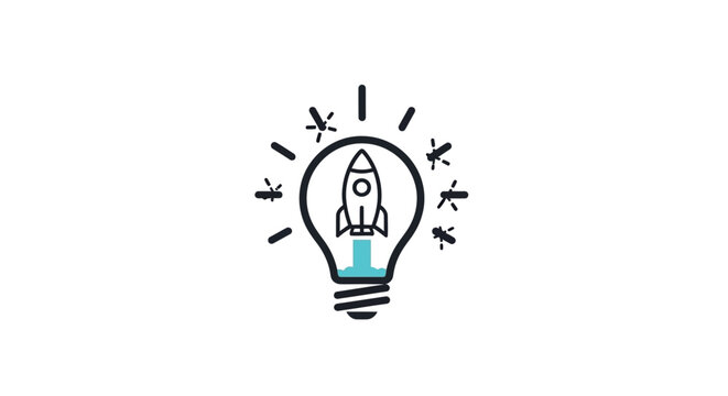 Rocket ship inside a lightbulb icon.