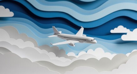 Naklejka premium Airplane Flying Through Stylized Clouds and Blue Waves.