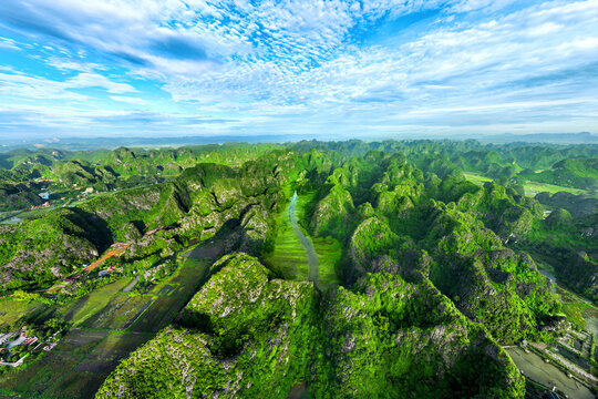 Aerial view of limestone mountains and rice field on stream in Tam coc, Ninh Binh, Vietnam.