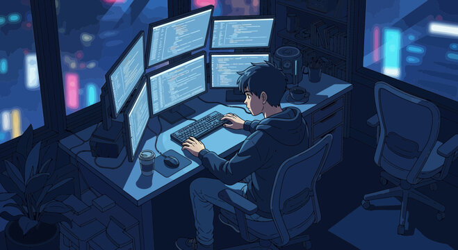 Focused Programmer Working with Multiple Computer Screens