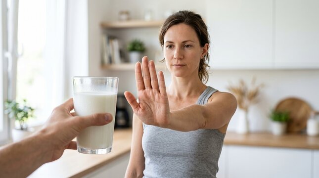 Woman gracefully declining a glass of milk with a resolute expression, symbolizing a dietary restriction, allergy, or a personal health-conscious lifestyle choice