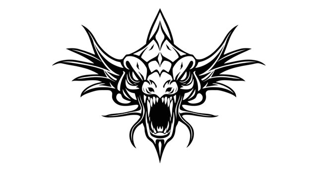 Detailed Black and White Dragon Head Vector Illustration.