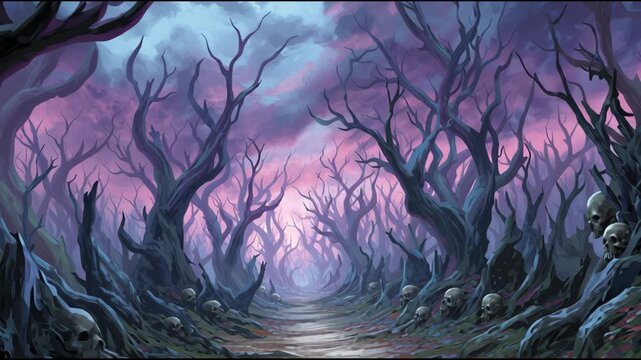 Wander through a dark forest filled with twisted trees and eerie remains. A path leads deeper into the heart of the unknown.