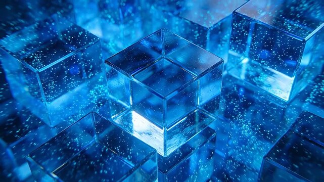 Abstract composition of transparent glass cubes with blue and purple light reflection
