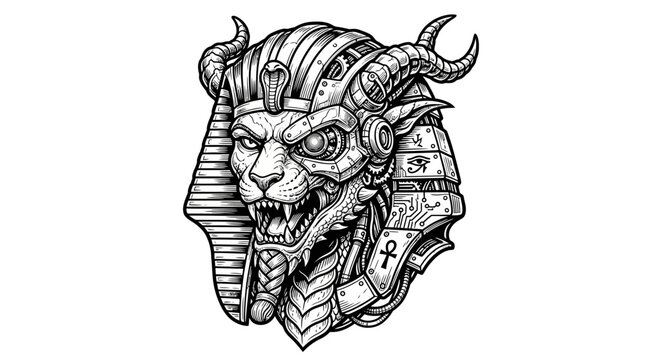 Detailed illustration of a futuristic Egyptian sphinx with horns.